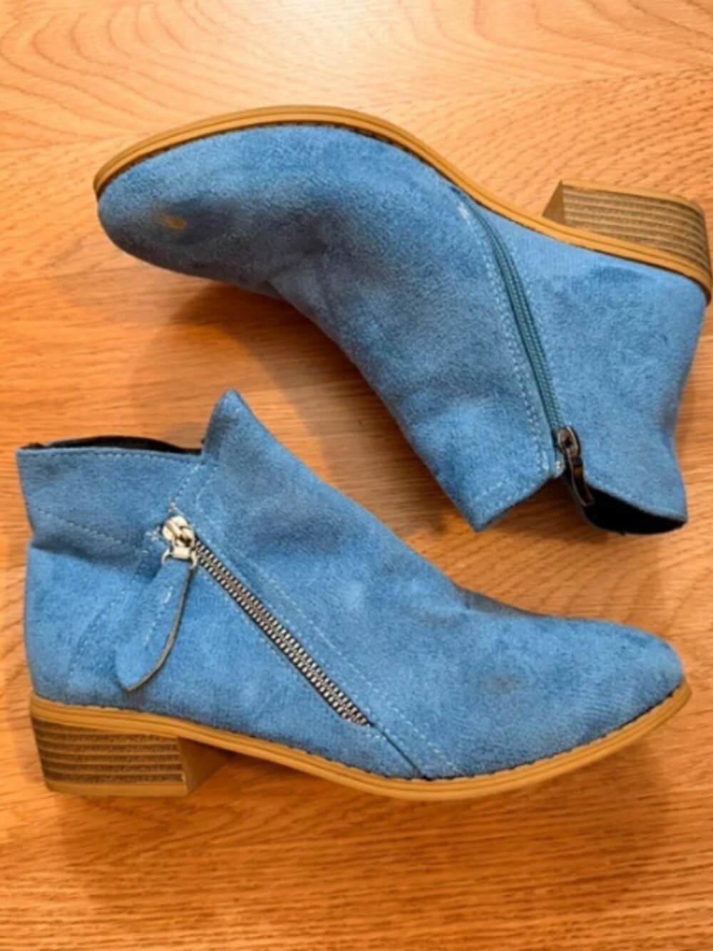 Blue Faux Suede Ankle Booties with Side Zipper Detail